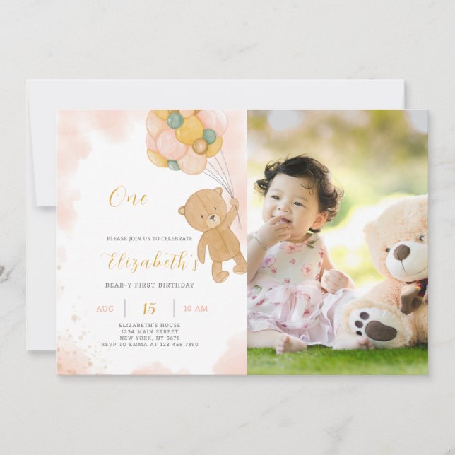 Invitación de cumpleaños de Teddy Bear con foto (Anverso)