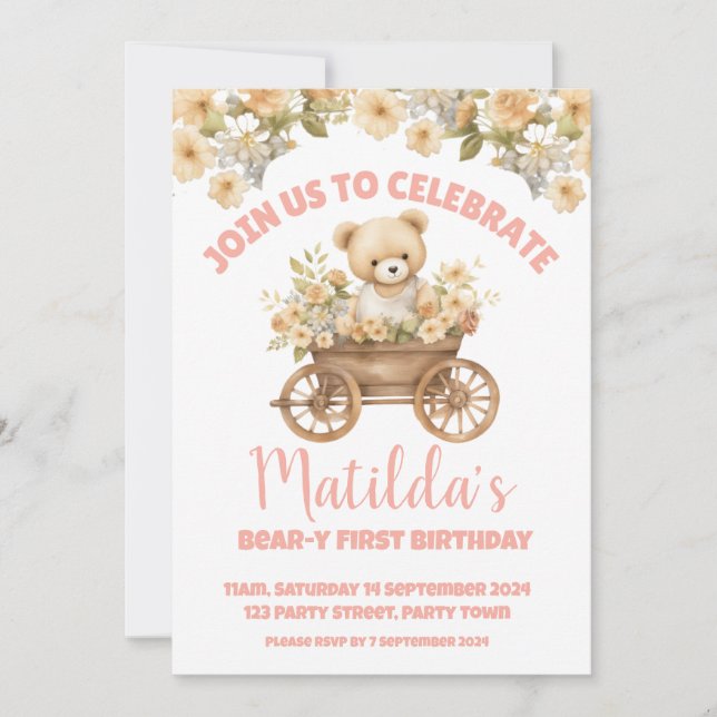 Invitación de cumpleaños de Teddy Bear Wildflower  (Anverso)