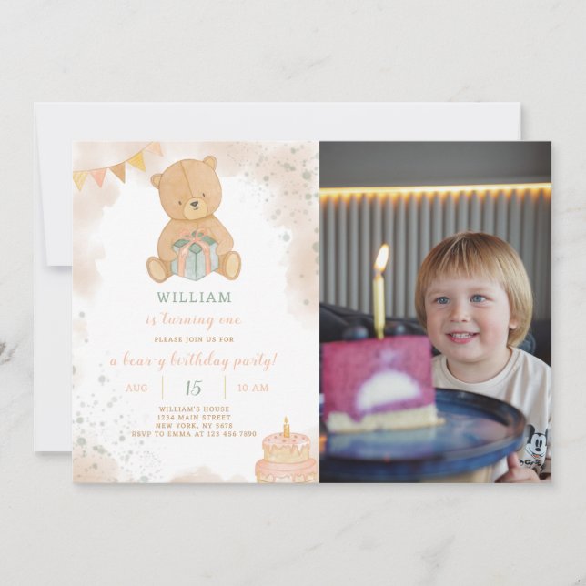 Invitación de cumpleaños de Teddy con foto (Anverso)
