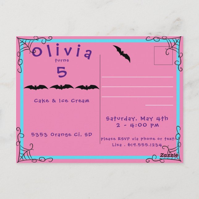 Invitación de cumpleaños de telaraña y murciélago  (Reverso)