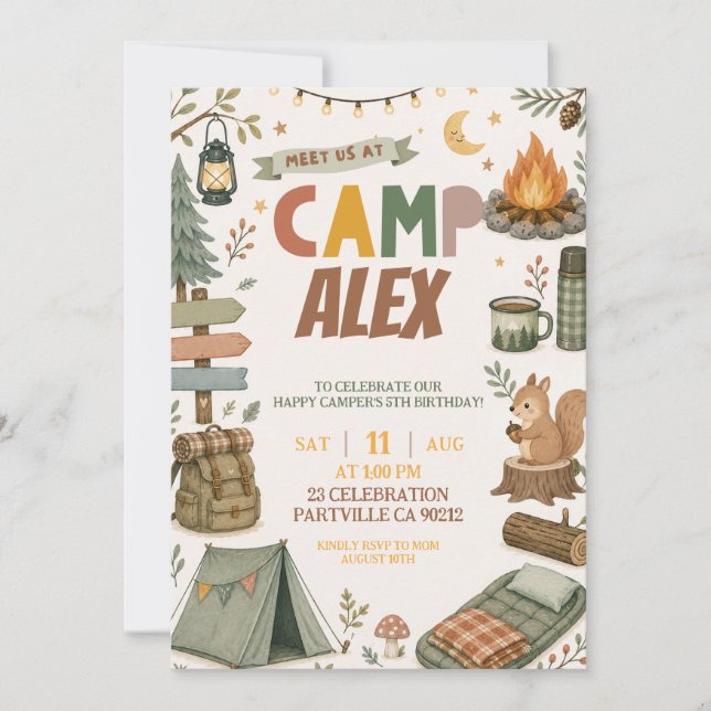 Invitación de cumpleaños de tema de camping para n (Anverso)