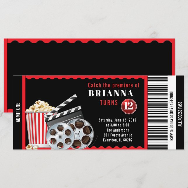 invitación de cumpleaños de tema de película (Anverso / Reverso)