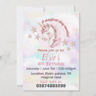Invitación de cumpleaños de tema de unicornio para