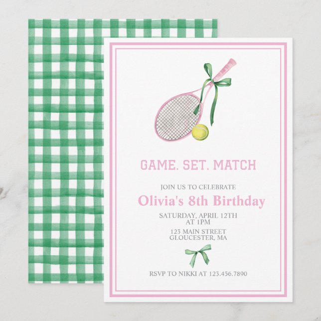 Invitación de cumpleaños de tenis a cuadros preppy (Anverso / Reverso)