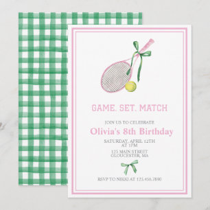 Invitación de cumpleaños de tenis a cuadros preppy