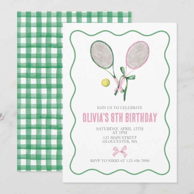 Invitación de cumpleaños de tenis a cuadros preppy (Anverso / Reverso)