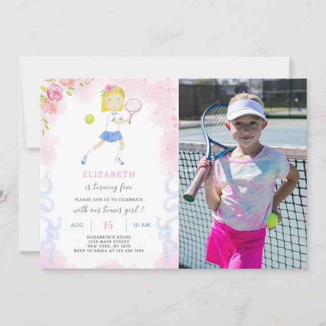 Invitación de cumpleaños de tenis con foto (Anverso)