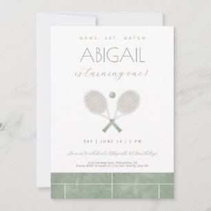 Invitación de cumpleaños de tenis en verde salvia