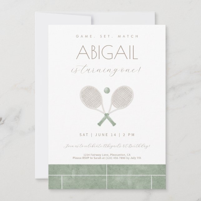 Invitación de cumpleaños de tenis en verde salvia  (Anverso)