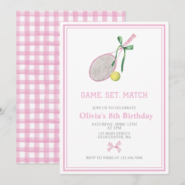 Invitación de cumpleaños de Tennis preppy plapot (Anverso / Reverso)