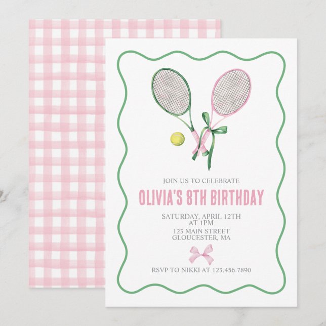 Invitación de cumpleaños de Tennis preppy plapot (Anverso / Reverso)