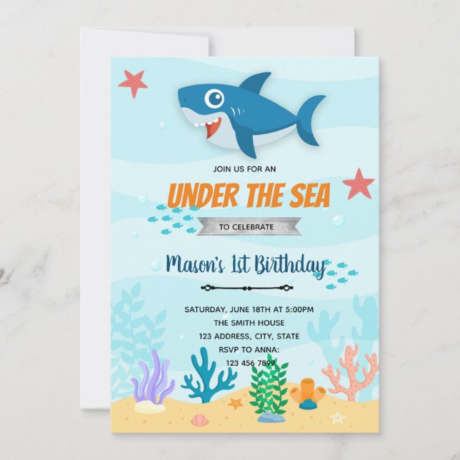 invitación de cumpleaños de tiburón bajo el mar (Anverso)