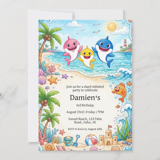 invitación de cumpleaños de tiburón bebé (Anverso)