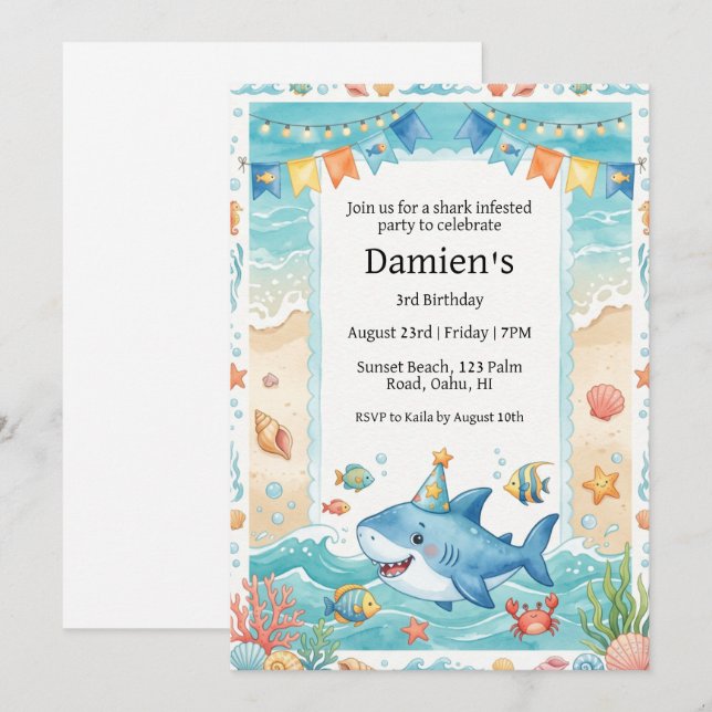 invitación de cumpleaños de tiburón bebé (Anverso / Reverso)