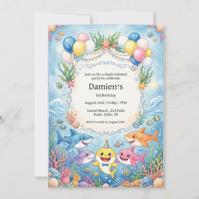 invitación de cumpleaños de tiburón bebé (Anverso)