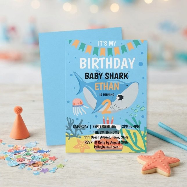 Invitación de cumpleaños de tiburón bebé lindo (Subido por el creador)