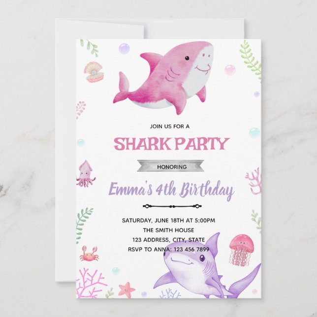invitación de cumpleaños de tiburón chica (Anverso)