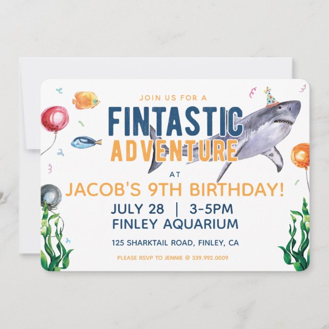 Invitación de cumpleaños de tiburón color agua (Anverso)
