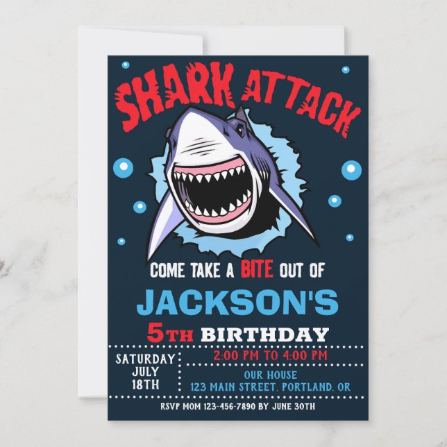 Invitación de cumpleaños de tiburón - Fiesta de at (Anverso)