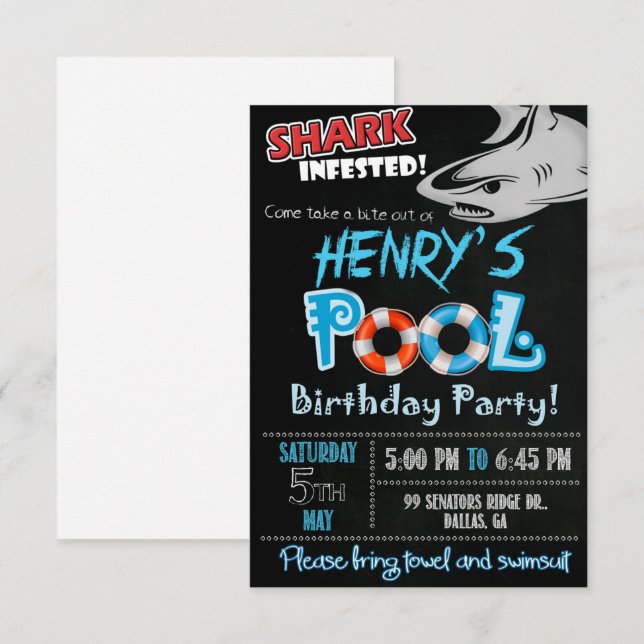 Invitación de cumpleaños de tiburón, fiesta de gru (Anverso / Reverso)