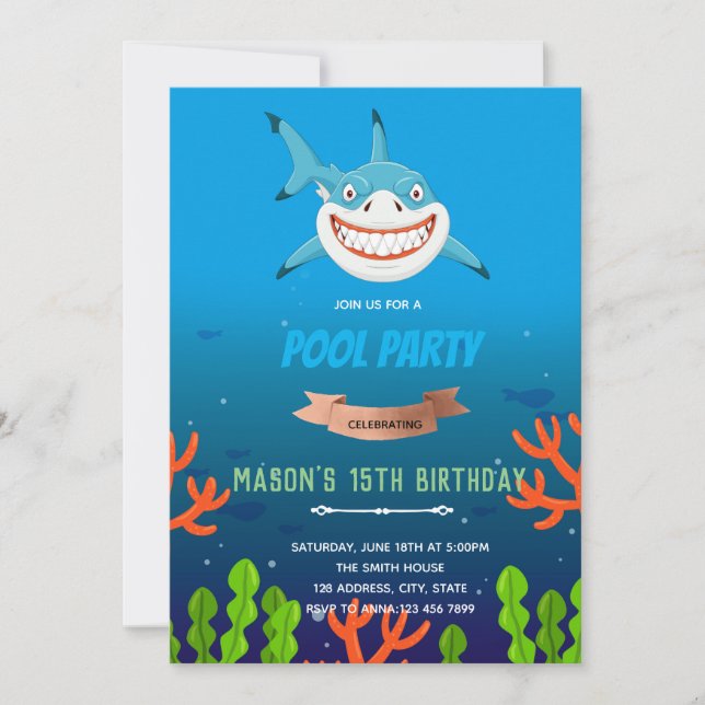 Invitación de cumpleaños de tiburón mate (Anverso)