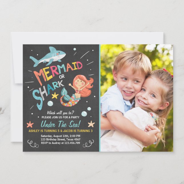 Invitación de cumpleaños de tiburón o sirena (Anverso)