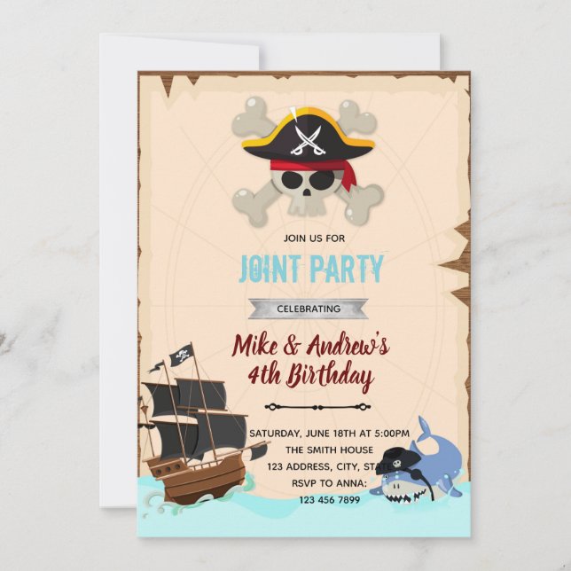 invitación de cumpleaños de tiburón pirata (Anverso)
