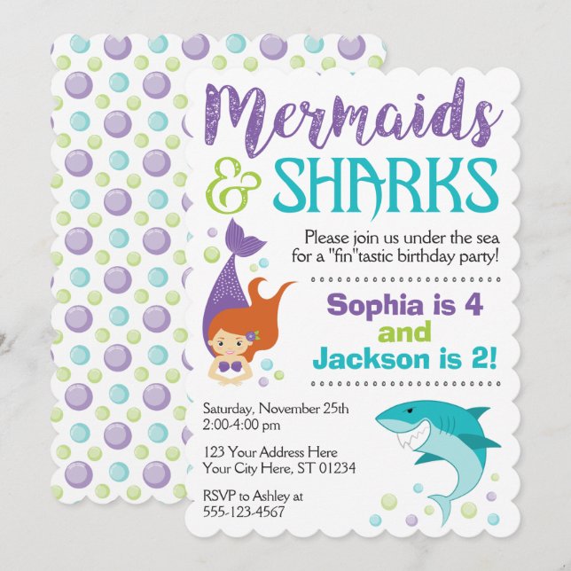 Invitación de cumpleaños de tiburones y sirenas (Anverso / Reverso)