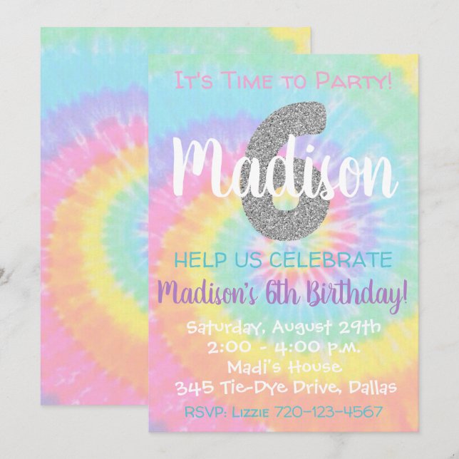 Invitación de cumpleaños de Tie Dye 6º cumpleaños (Anverso / Reverso)
