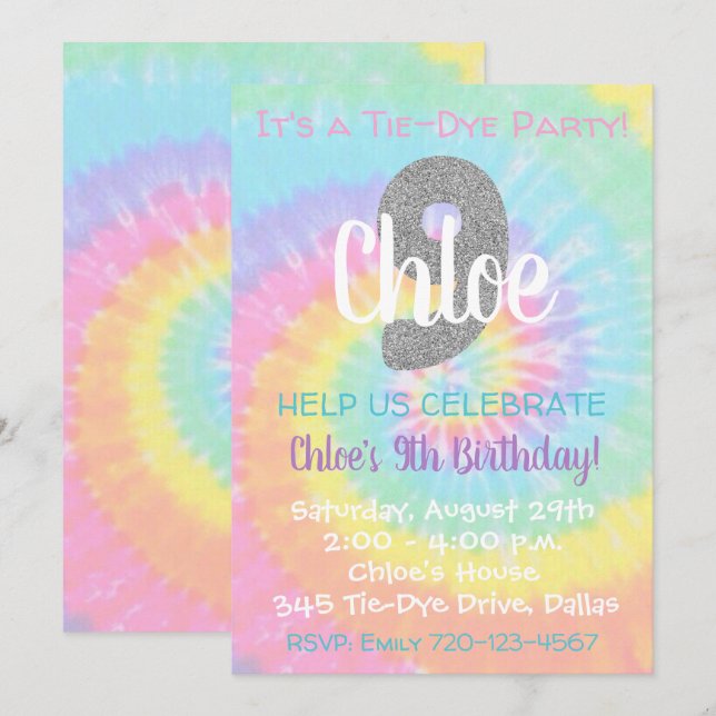 Invitación de cumpleaños de Tie Dye 9º cumpleaños (Anverso / Reverso)