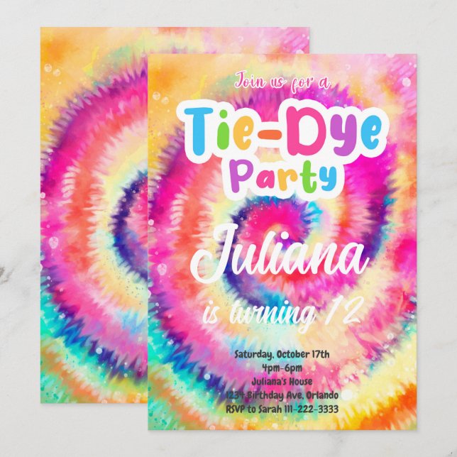 Invitación de cumpleaños de Tiedye (Anverso / Reverso)