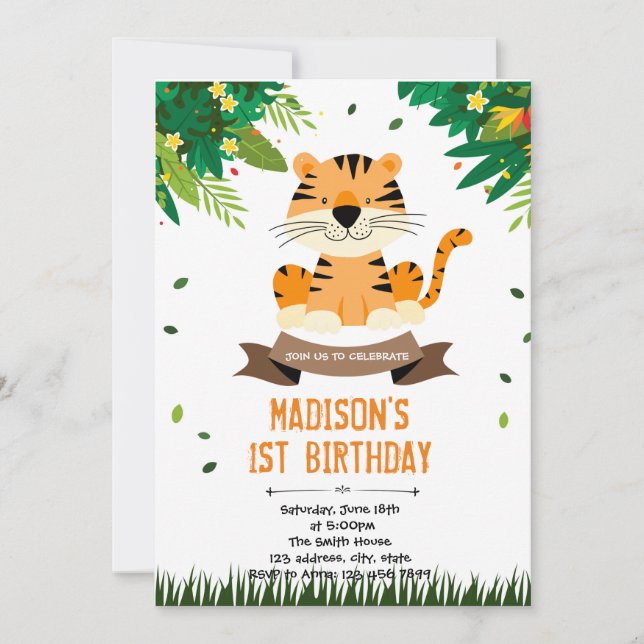 Invitación de cumpleaños de tigre lindo (Anverso)