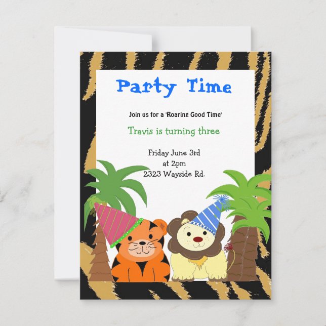 Invitación de cumpleaños de tigre y león (Anverso)