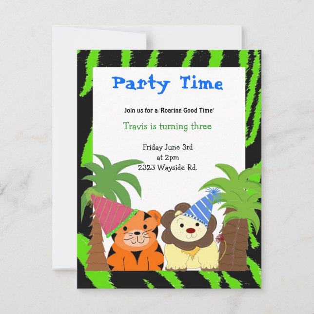 Invitación de cumpleaños de tigre y león (Anverso)