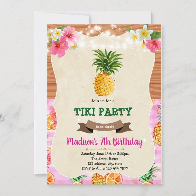 Invitación de cumpleaños de Tiki luau pineapple (Anverso)