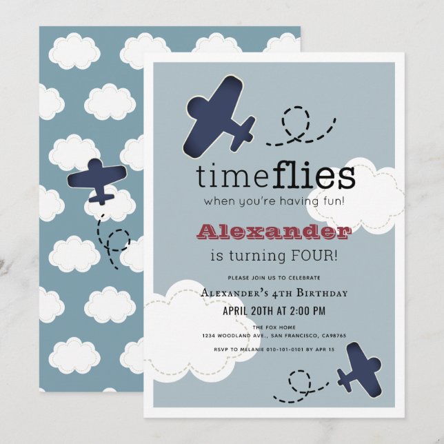 Invitación de cumpleaños de Time Flies Airplane Bl (Anverso / Reverso)