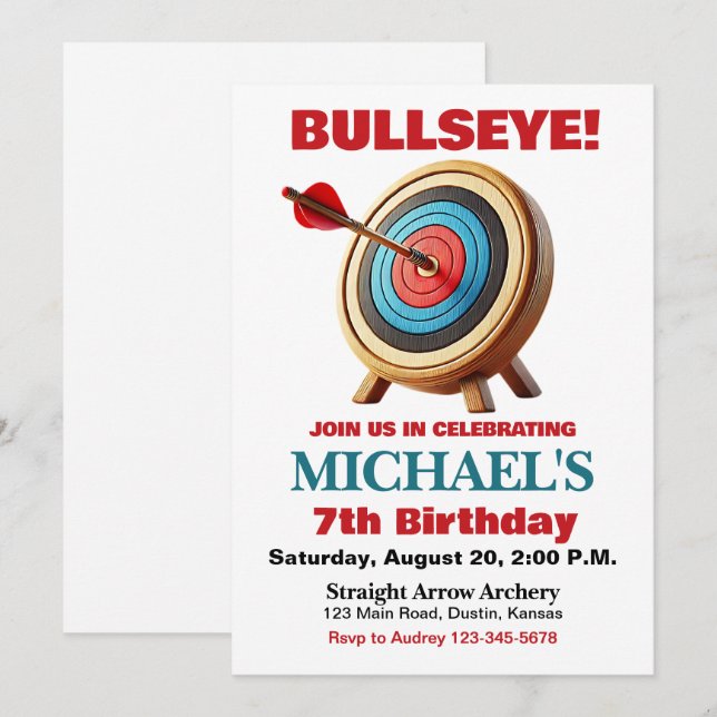 Invitación de cumpleaños de tiro con arco en el bl (Anverso / Reverso)