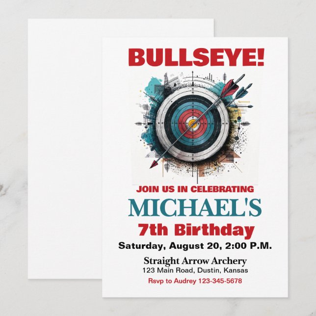 Invitación de cumpleaños de tiro con arco en el bl (Anverso / Reverso)