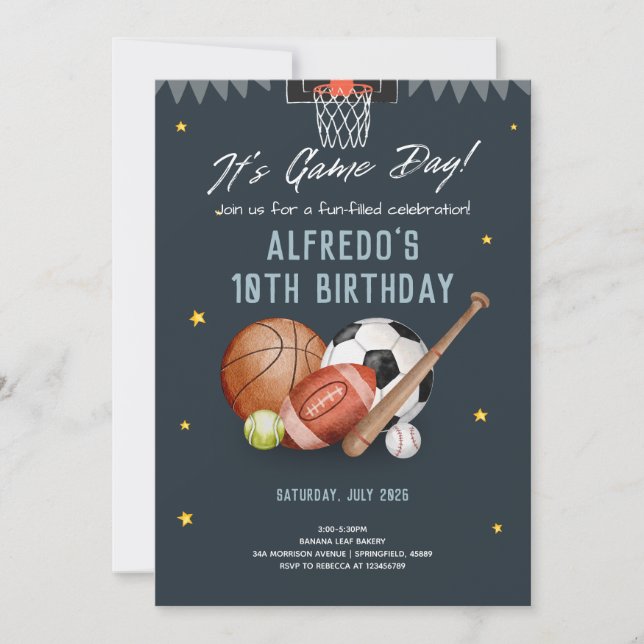 Invitación de cumpleaños de todos los deportes del (Anverso)