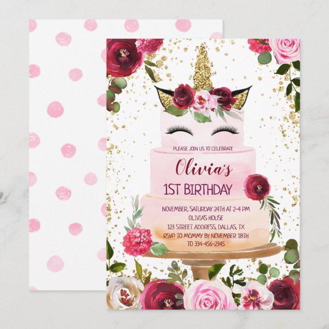 Invitación de cumpleaños de torta de unicornio flo (Anverso / Reverso)