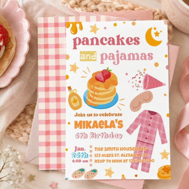 Invitación de cumpleaños de Tortitas y Pijamas par (Girls Sleepoverm Breakfast Party Pancakes and and Pajamas Invitation)