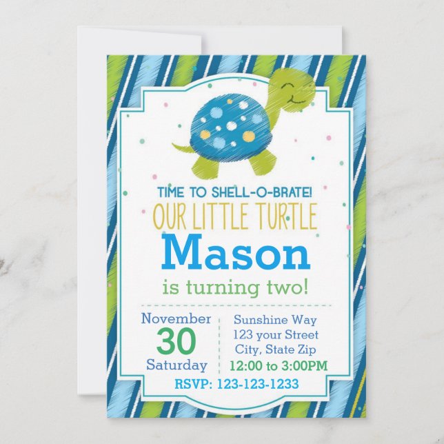 Invitación de cumpleaños de tortuga a rayas (azul) (Anverso)