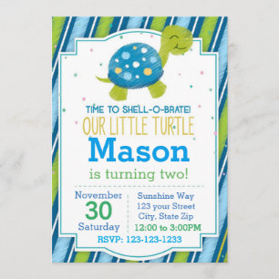 Invitación de cumpleaños de tortuga a rayas (azul)