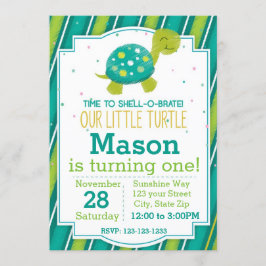 Invitación de cumpleaños de tortuga a rayas (verde