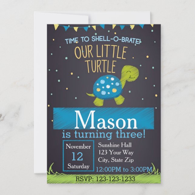 Invitación de cumpleaños de tortuga (azul) (Anverso)