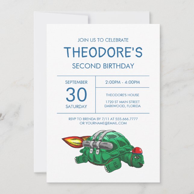 Invitación de cumpleaños de Tortuga Cohete (Anverso)