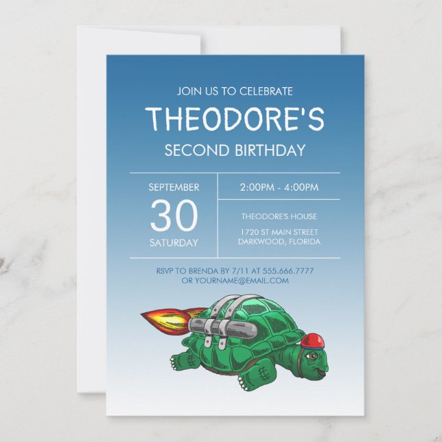 Invitación de cumpleaños de Tortuga Cohete Veloz (Anverso)