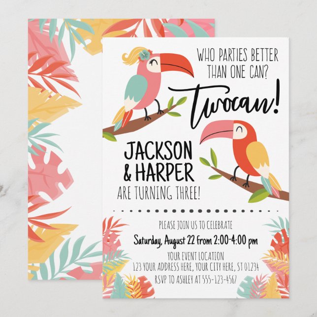 Invitación de cumpleaños de Toucan Hermanos Herman (Anverso / Reverso)