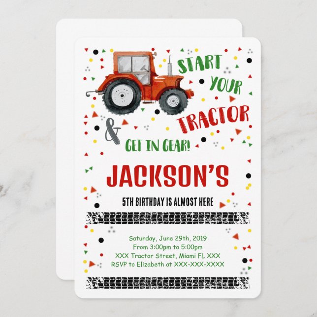 Invitación de cumpleaños de tractor (Anverso / Reverso)