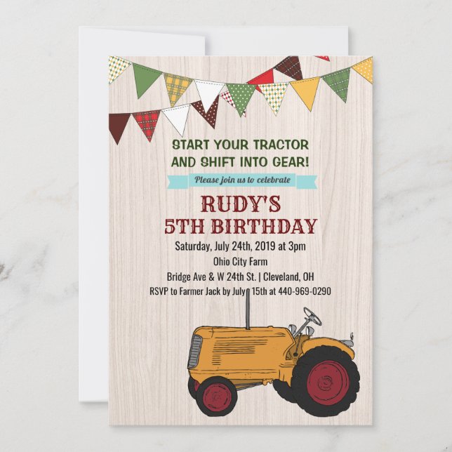 INVITACIÓN DE CUMPLEAÑOS DE TRACTOR ANTIGUO PARA C (Anverso)